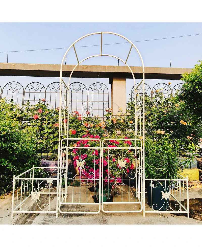 Clihome Metal Garden Arch with Gate 79.5" Wide x 86.6" High Climbing Plants Support Rose Arch Outdoor