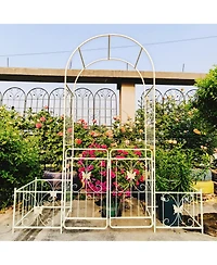 Clihome Metal Garden Arch with Gate 79.5" Wide x 86.6" High Climbing Plants Support Rose Arch Outdoor