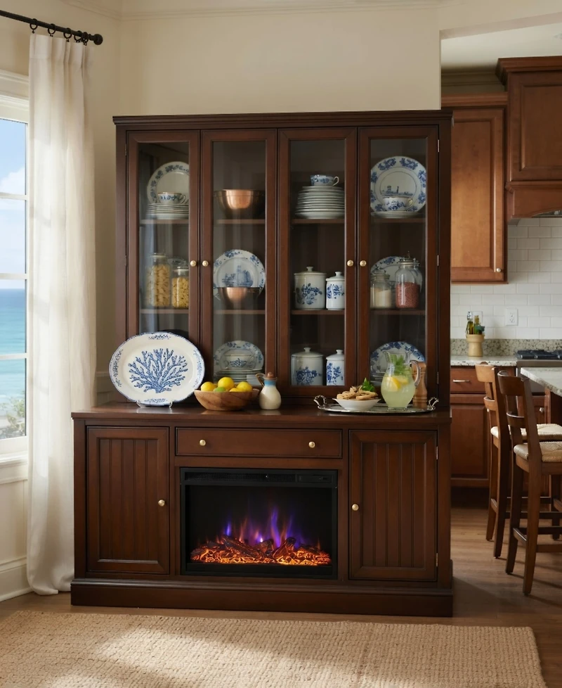 Furniture Amren Wood 3 Door Hutches with 2 Base and Open Drawer Fireplace Insert