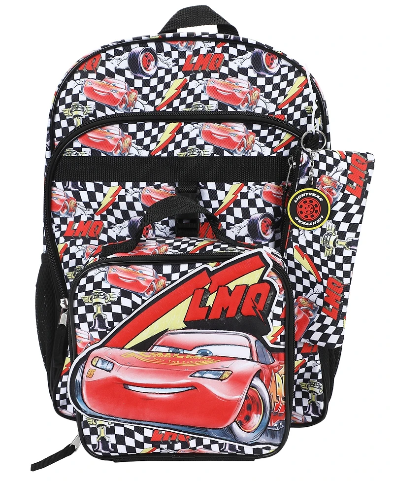 Bioworld Boys' Cars All Over Print Backpack, Lunch Bag, Key Chain and Pencil Case, 4-Piece Set