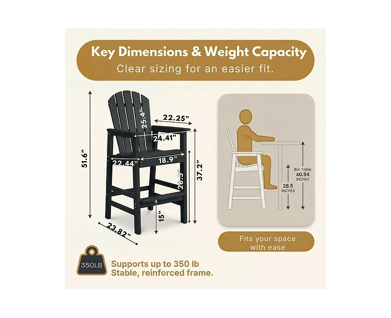 sumyeg All Weather Hdpe Bar Height Adirondack Chair with Armrests and Cup Holder