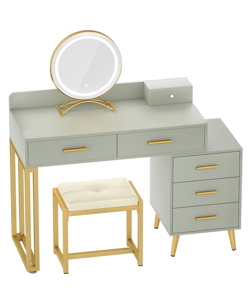 Aheaplus Vanity Desk with Mirror and Lights, Makeup Set 6 Drawers Stool