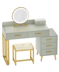 Aheaplus Vanity Desk with Mirror and Lights, Makeup Set 6 Drawers Stool