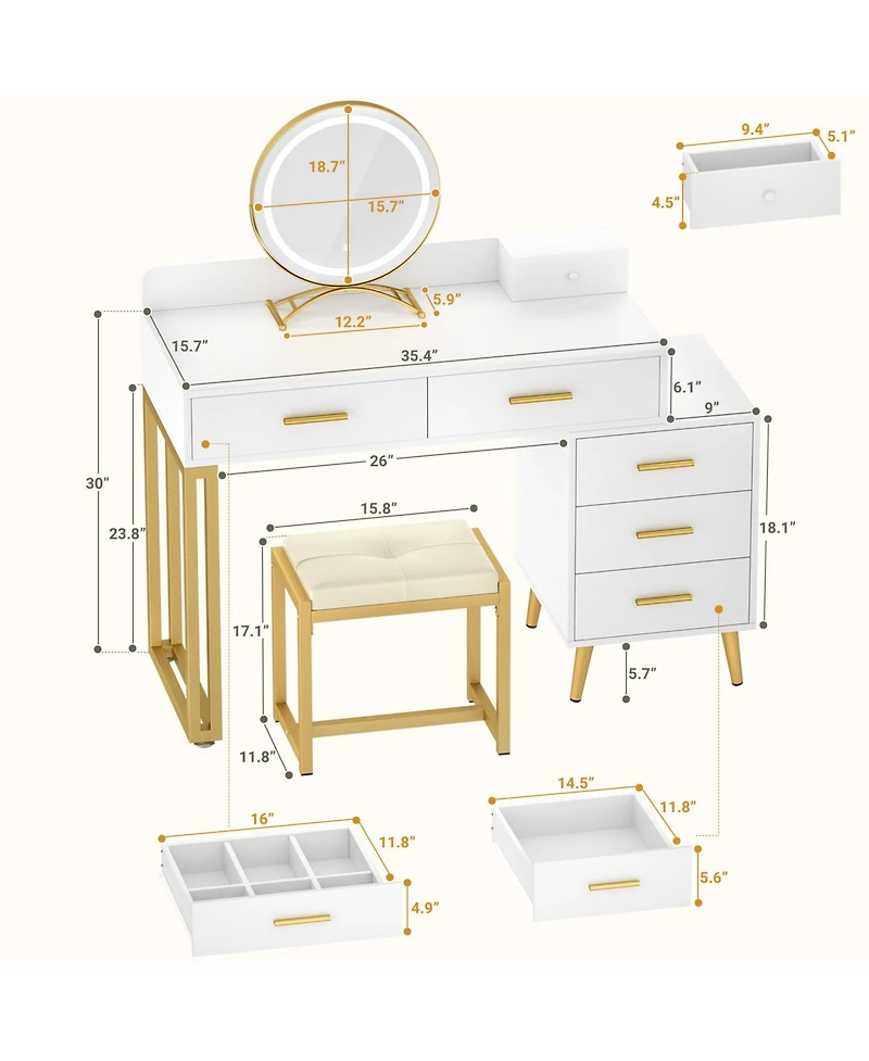 Aheaplus Vanity Desk with Mirror and Lights, Makeup Set 6 Drawers Stool