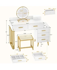 Aheaplus Vanity Desk with Mirror and Lights, Makeup Set 6 Drawers Stool