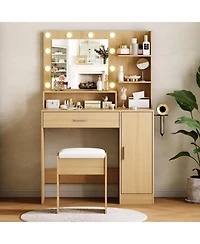 gaomon Vanity Desk with Hd Mirror and 10 Led Bulbs - 3 Adjustable Lighting Modes - Power Outlet and Hairdryer Rack Makeup Vanity Set for Bedroom
