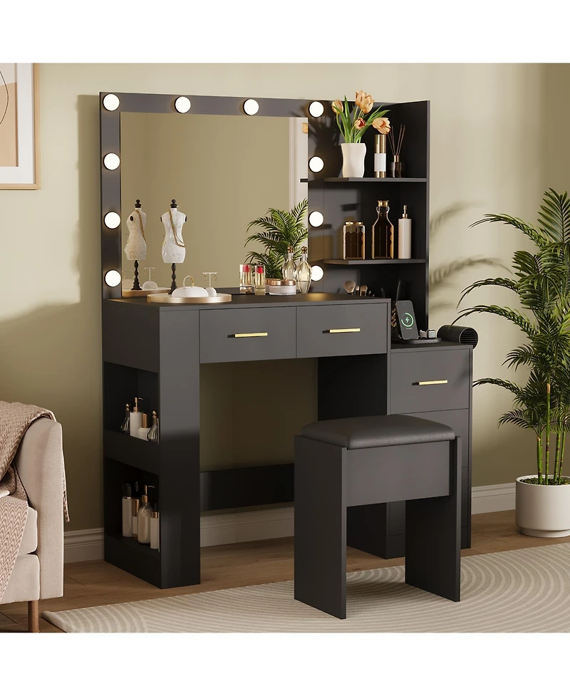 gaomon 41" Large Makeup Vanity Desk with 10-Bulb Mirror and Built-in Outlets - Dressing Table Featuring 3 Color Lighting Modes, 5 Drawers