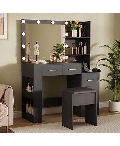 gaomon 41" Large Makeup Vanity Desk with 10-Bulb Mirror and Built-in Outlets - Dressing Table Featuring 3 Color Lighting Modes, 5 Drawers