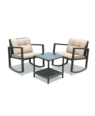 Clihome 3 Pieces Patio Rattan Furniture Set with Rocking Chairs and Table