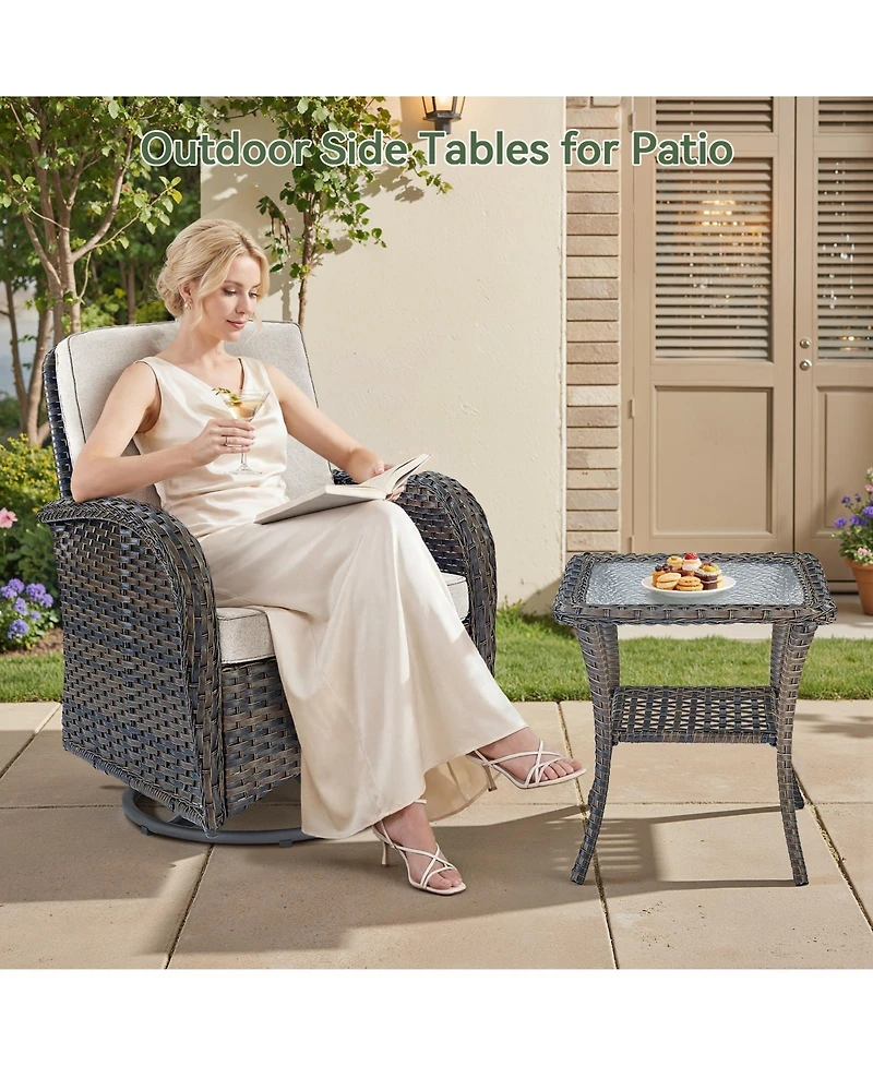 Pocassy Outdoor Side Table - Tempered Glass Wicker Table, Waterproof Patio Coffee Rattan End with Storage