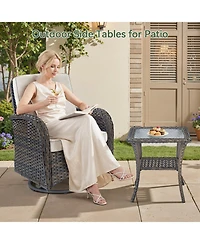 Pocassy Outdoor Side Table - Tempered Glass Wicker Table, Waterproof Patio Coffee Rattan End with Storage
