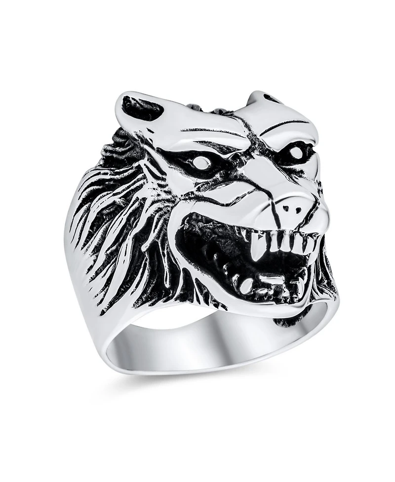 Bling Jewelry Hunter Animal Norse Viking Warrior Signet Fierce Wolf Head Ring Oxidized .925 Sterling Silver