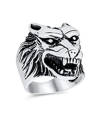 Bling Jewelry Hunter Animal Norse Viking Warrior Signet Fierce Wolf Head Ring Oxidized .925 Sterling Silver