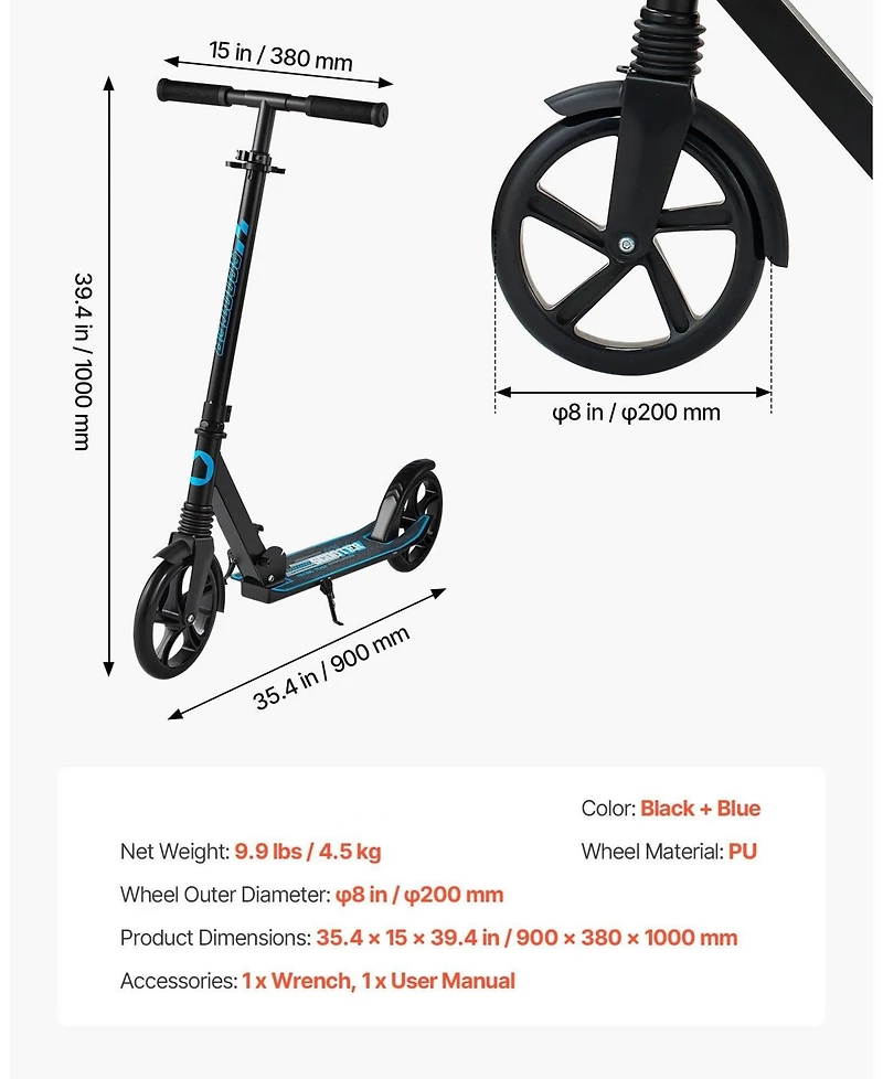Mecale 2-Wheel Kick Scooter, Adjustable Handlebar, Wide Non-Slip Deck, Foldable Lightweight, 220-Lb Capacity