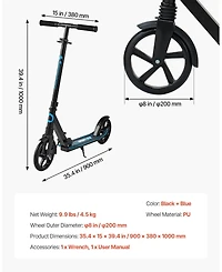 Mecale 2-Wheel Kick Scooter, Adjustable Handlebar, Wide Non-Slip Deck, Foldable Lightweight, 220-Lb Capacity