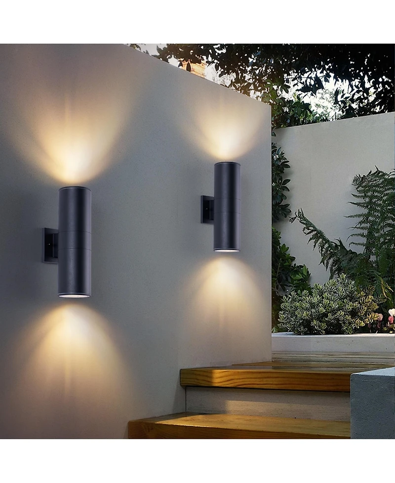Busdays 14 Inch Modern Outdoor Porch Light Patio Light 2 Lights Aluminum Cylinder Tempered Glass Waterproof Wall Sconce 2 Pack Matte Black No Bulbs