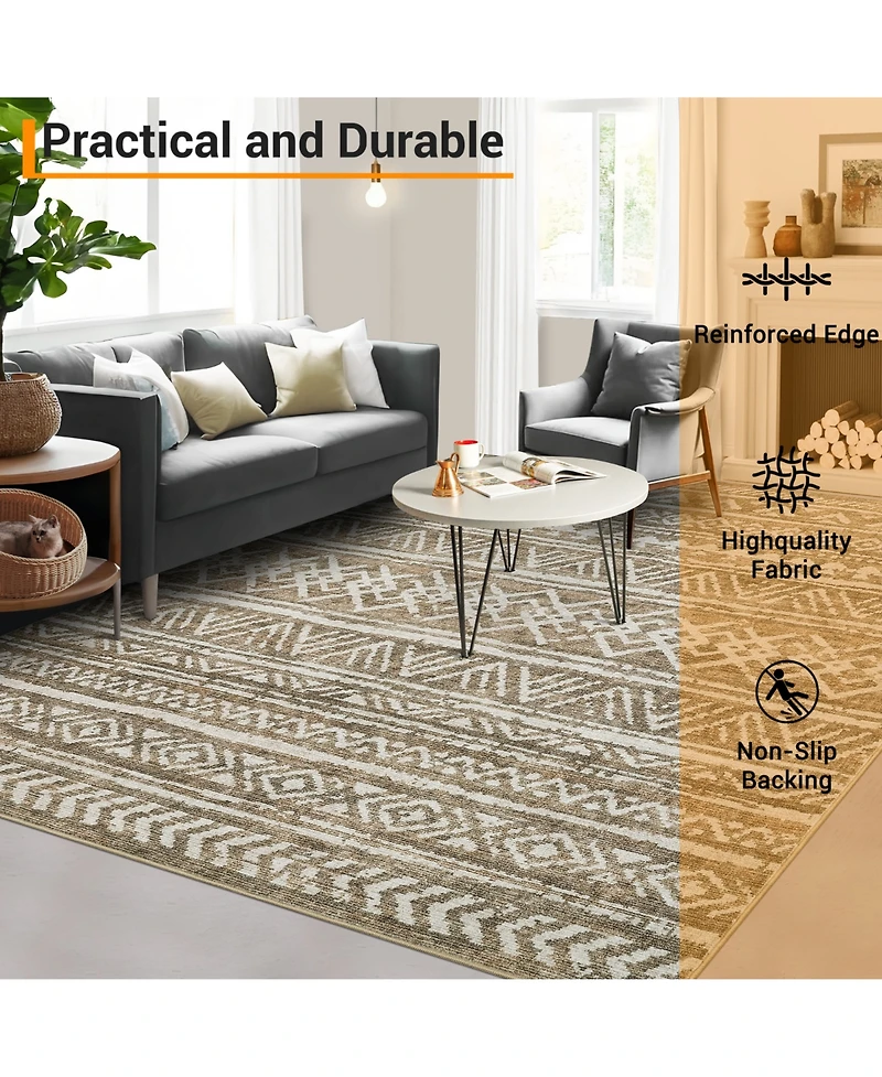 gaomon Washable Geometric Area Rug, Soft Non Slip Low Pile Indoor Carpet for Living Room Bedroom, Taupe 8 x 10 ft