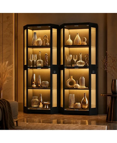 homfan Set of 2 Hexagonal Corner Glass Display Cabinet 4-Tier - Curio with 3-Color Led Lights and Smart Sensor, Charging Ports