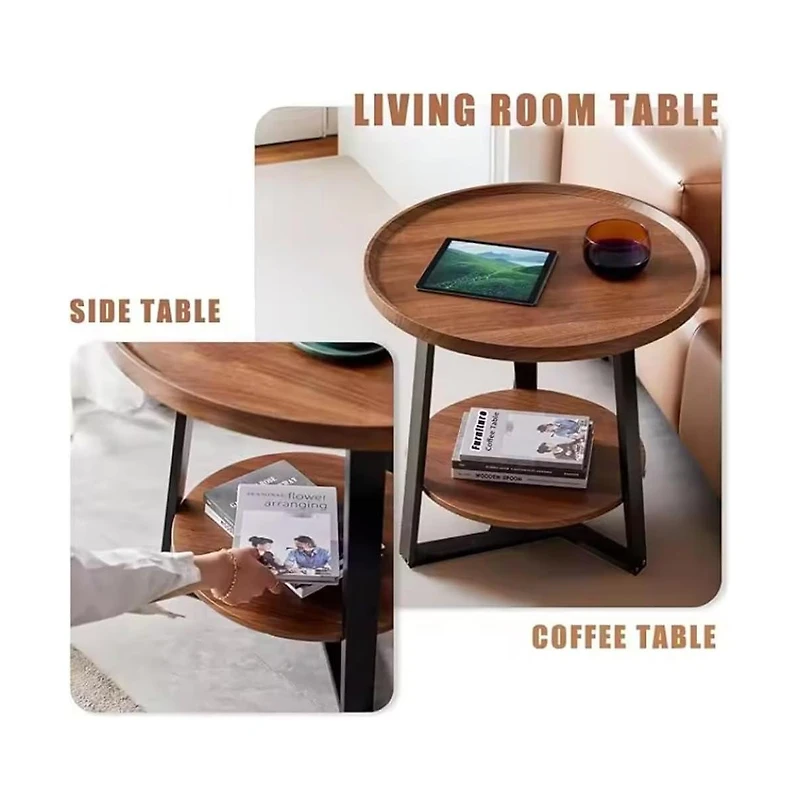 gaomon 2-Tier Round Side Table With Storage Shelf, 19.7" x 23.6" Small End Table With Wood Top And Metal Frame