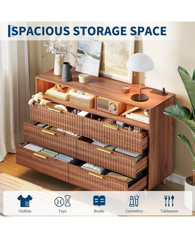 gaomon 6 Drawers Dresser for Bedroom, 53.9" Wide Dressers with Led Lights and Charging Station, Curved Profile Design