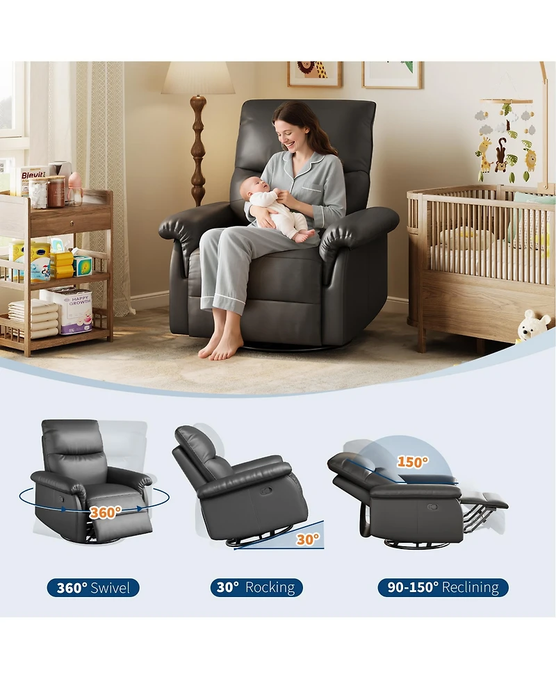 homfan Oversized Swivel Rocker Recliner Chair – Modern Pu Leather, Deep Seat, Padded Armrests, 360degree(s) Glider Single Sofa, Usb Charging Port