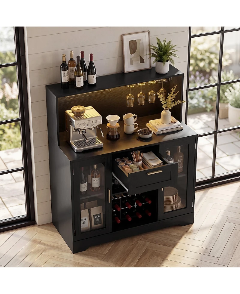 Aheaplus Kitchen Wine Bar Cabinet with Rack and Door, Coffee Buffet Table Storage Drawer
