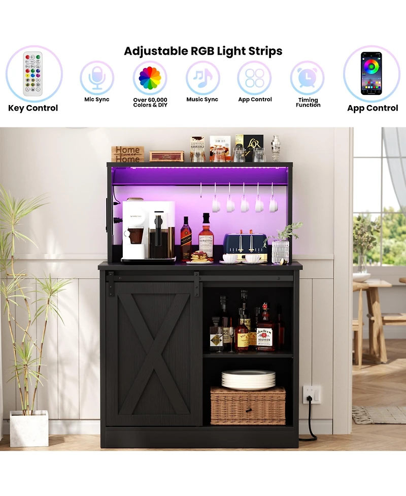 Aheaplus Sideboard Buffet with Charging Station, Farmhouse Coffee Bar Cabinet Barn Door