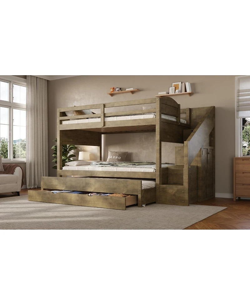 Streamdale Furniture Twin Xl Bunk Bed with Trundle, Storage Drawers, Staircase, and Wardrobe, Walnut