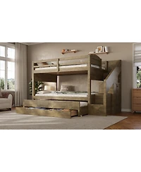 Streamdale Furniture Twin Xl Bunk Bed with Trundle, Storage Drawers, Staircase, and Wardrobe, Walnut