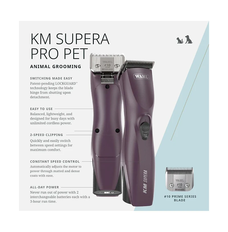 Wahl Pro Animal Km Supera Cordless Pet Clipper for cats & dogs, battery-powered grooming clipper with Lockguard technology.