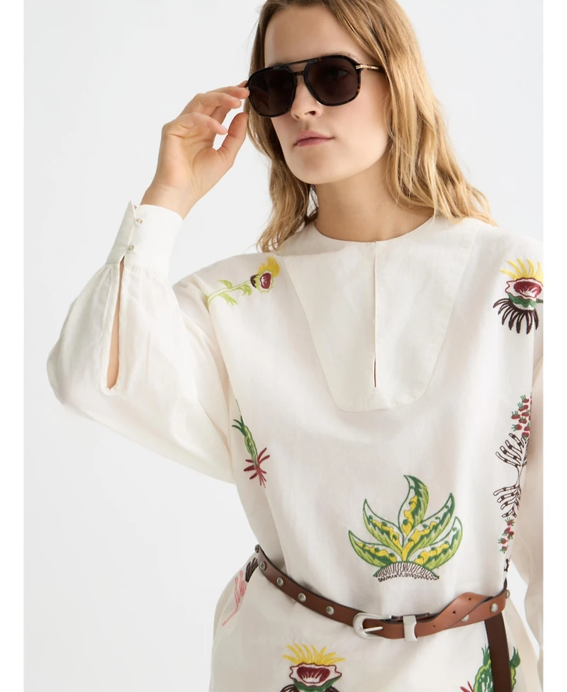 Scotch & Soda Women's Embroidered Long Sleeve Cotton and Linen Shift Dress