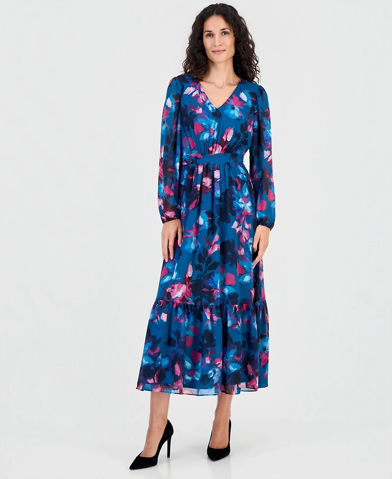 Kasper Women's Floral Balloon-Sleeve Smocked-Back Maxi Dress
