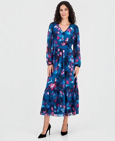 Kasper Women's Floral Balloon-Sleeve Smocked-Back Maxi Dress