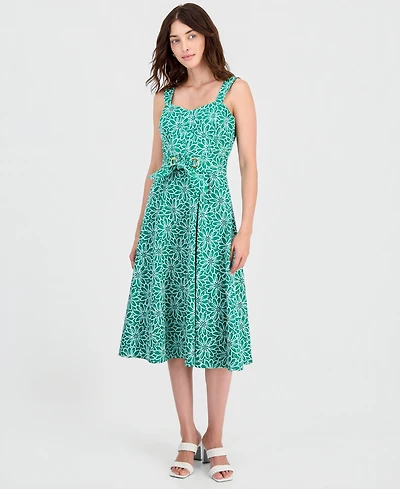 Tahhari Asl Women's Cotton Eyelet Belted Midi Dress