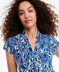 Kasper Petite Extended-Sleeve Funnel-Neck Printed Blouse