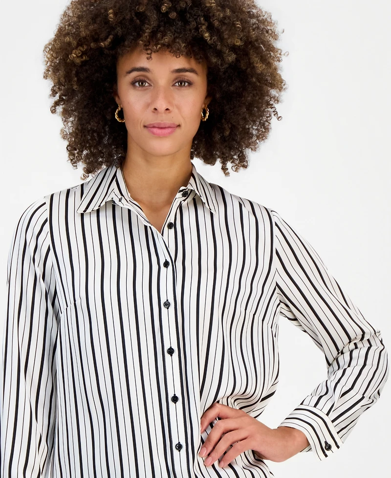 Kasper Petite Printed Long-Sleeve Satin Shirt