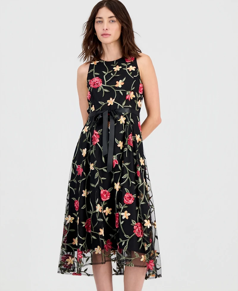 Tahari Asl Women's Embroidered Belted Sleeveless Dress