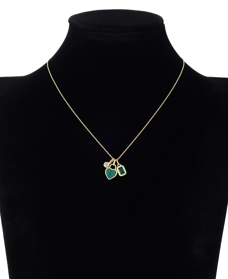 Unwritten Cubic Zirconia Gold-Tone Plated Malachite Stone Cluster Charm Necklace