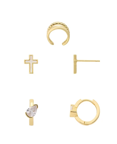 Unwritten Cubic Zirconia Gold-Tone Plated Cross Hoop and Stud Earring Trio Set