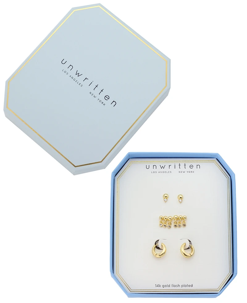 Unwritten Cubic Zirconia Gold-Tone Plated Stud and Hoop Earring Trio Set