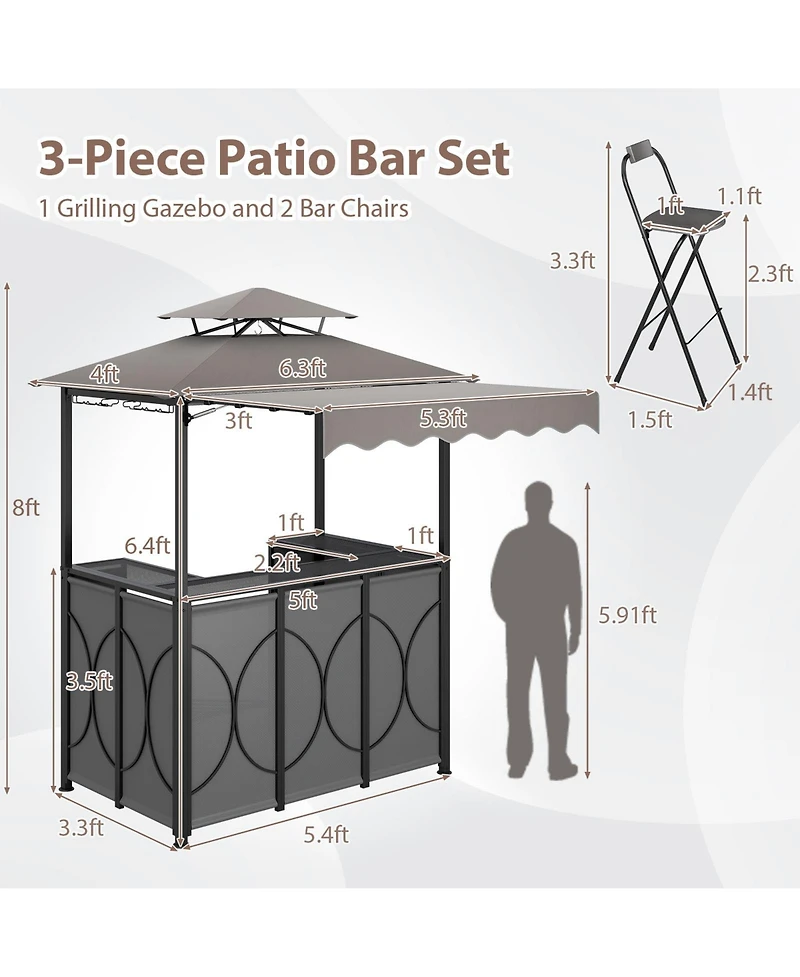 Sugift Outdoor Grill Gazebo with Double-Tier Canopy and 2 Bar Chairs