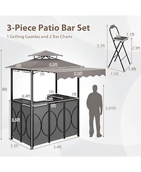 Sugift Outdoor Grill Gazebo with Double-Tier Canopy and 2 Bar Chairs