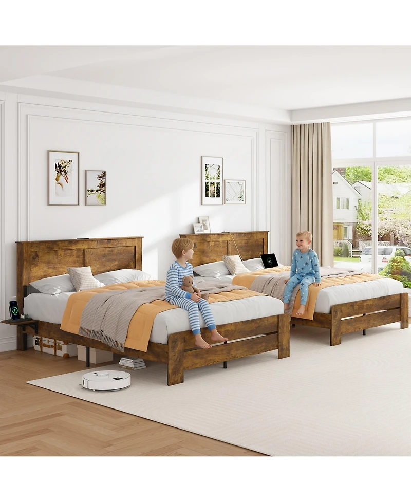 Lucky One Farmhouse Queen Size Bed Frame with Headboard Storage Shelf