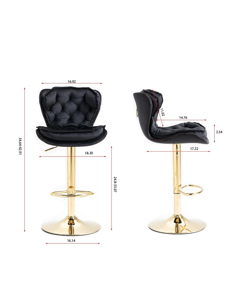 flynama Modern Velvet Adjustable Bar Stools with Chrome Base and Footrest, Set of 2