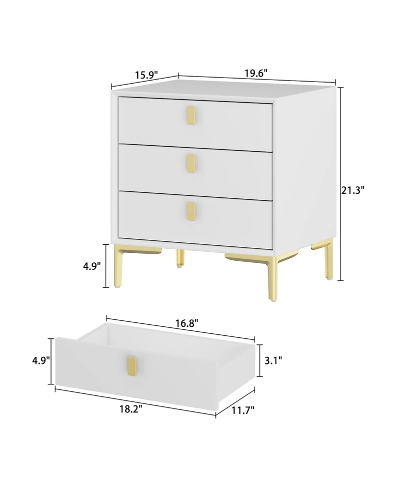 Homsee Modern 3-Drawer Nightstand with Gold Handles -3 Inch Storage Cabinet with Slanted Edge Frame