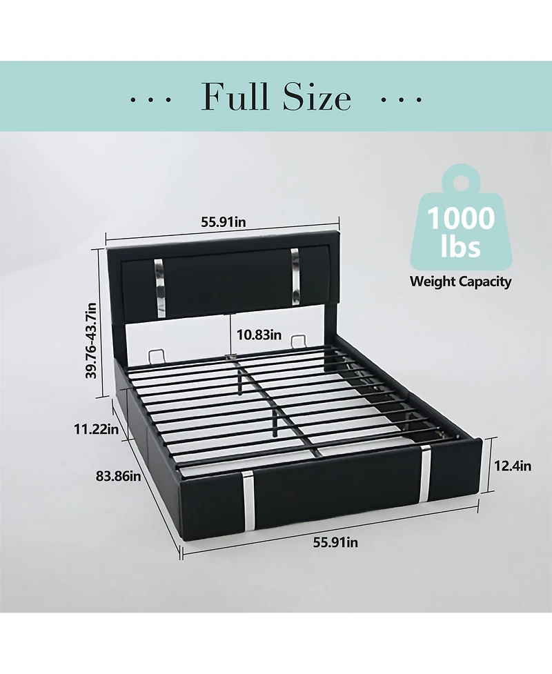 Lucky One Full Size Lift Up Storage Bed Frame with Adjustable Led Lights Headboard