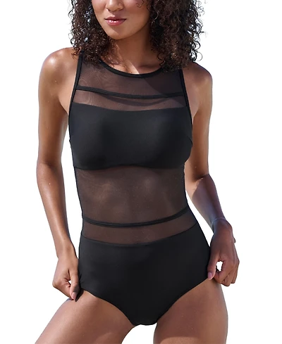Lascana Women's Scoop Neck Mesh Detail One Piece Swimsuit Bra Sizing