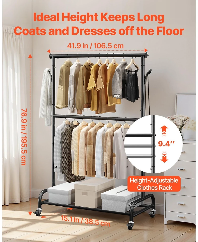 Ecooso Rolling Clothes Rack with Wheels, Adjustable Crossbar, Side Hooks, 150 lb Capacity, Heavy-Duty Carbon Steel Garment Rack