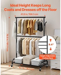 Ecooso Rolling Clothes Rack with Wheels, Adjustable Crossbar, Side Hooks, 150 lb Capacity, Heavy-Duty Carbon Steel Garment Rack