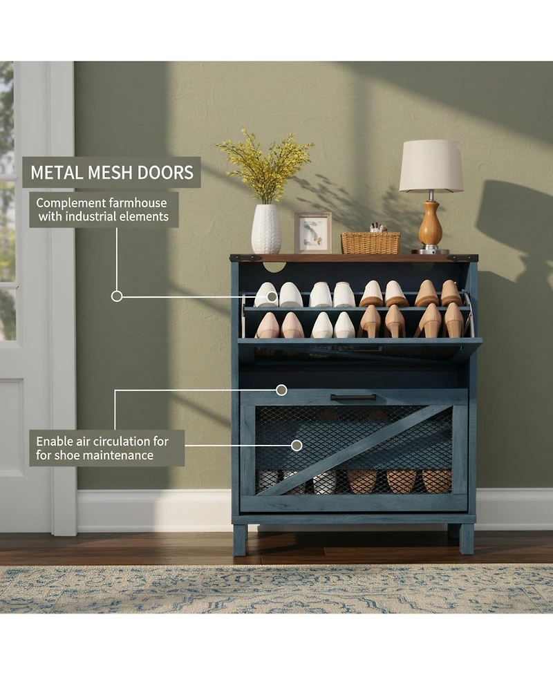 Yigii Farmhouse Shoe Cabinet 2 Flip Drawers Mesh Doors Adjustable Shelves Wooden Organizer for Entryway